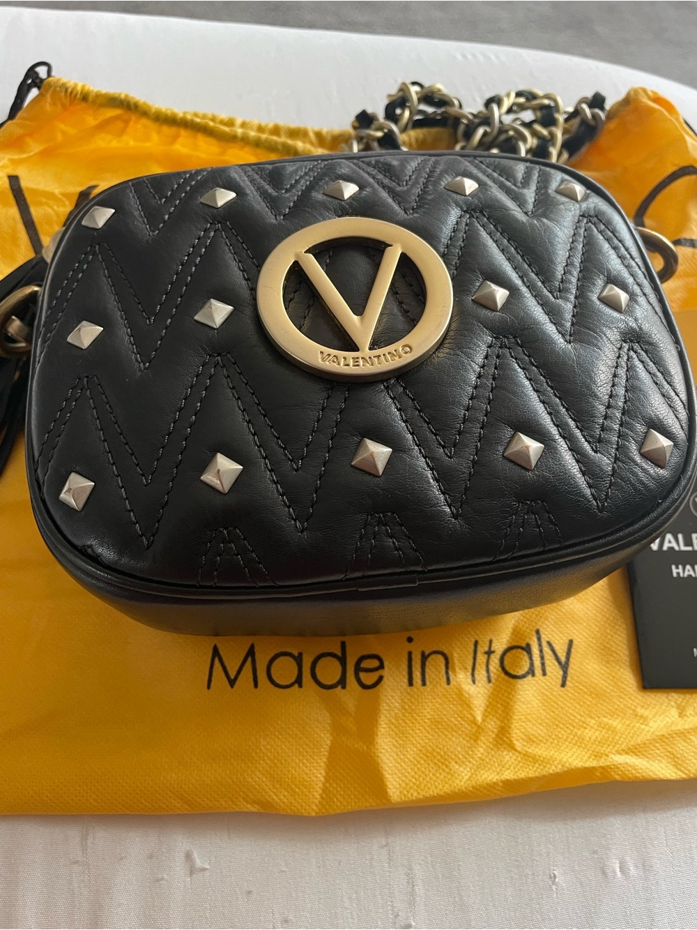 Valentino Black Quilted Studded Crossbody with Gold V Plaque